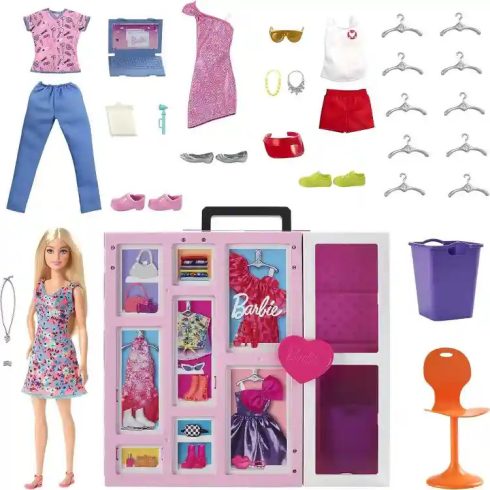 Mattel Barbie hordozható öltözőszoba ruhákkal és babával (csomagolássérült)