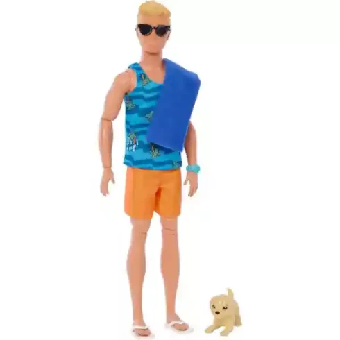 Mattel Barbie hajlékony Ken baba szörfdeszkával és kiskutyával