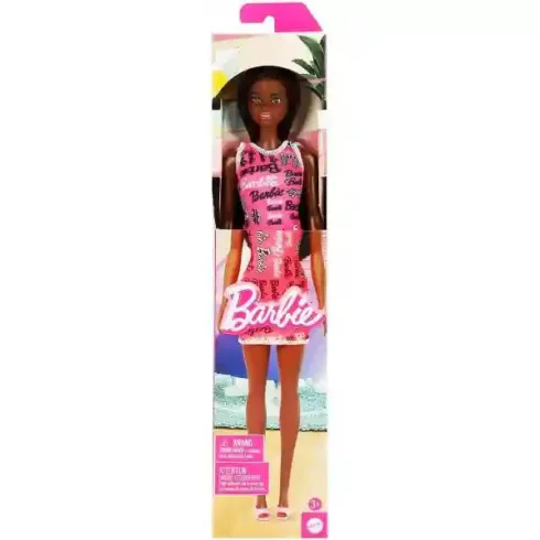 Mattel Barbie baba "Barbie" feliratos ruhában fekete hajjal