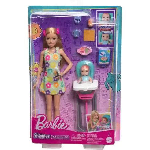 Mattel Barbie Skipper bébiszitter baba etetőszékkel és színváltós kisbabával