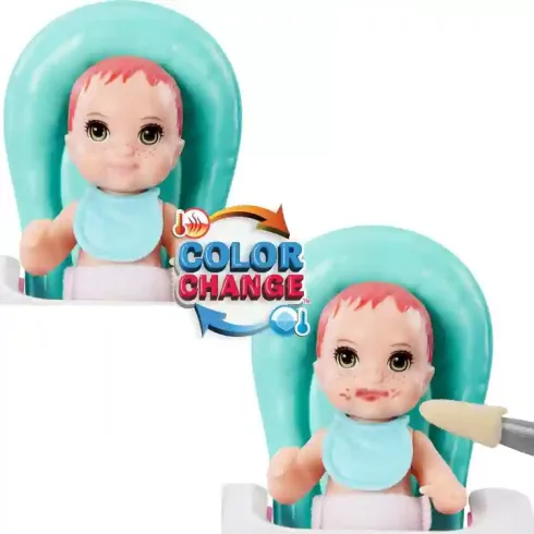 Mattel Barbie Skipper bébiszitter baba etetőszékkel és színváltós kisbabával