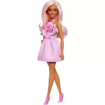   Mattel Barbie Fashionistas baba rózsás ruhában és rózsaszín hajjal