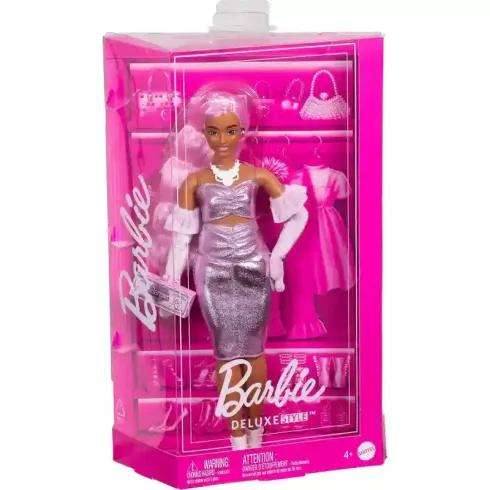 Mattel Barbie Deluxe Style baba fényes rózsaszín ruhában