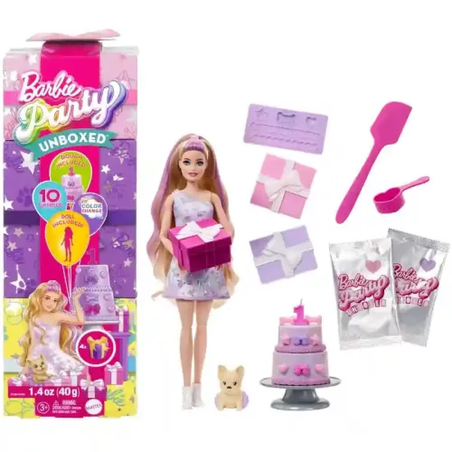 Mattel Barbie Party Unboxed meglepetés baba - Kisállat szülinapi sorozat francia bulldog kutyussal