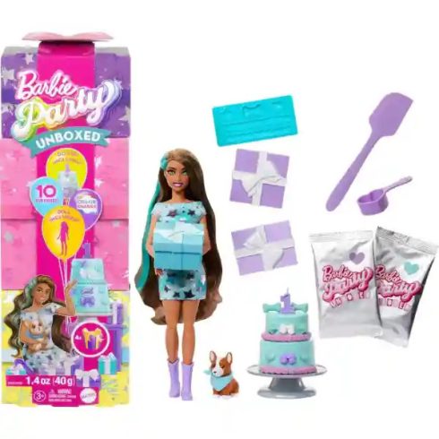 Mattel Barbie Party Unboxed meglepetés baba - Kisállat szülinapi sorozat Corgi kutyussal