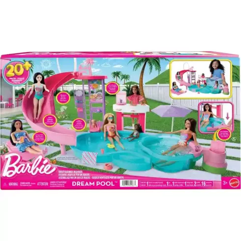 Mattel Barbie medencés buli játékszett csúszdával és 20+ kiegészítővel