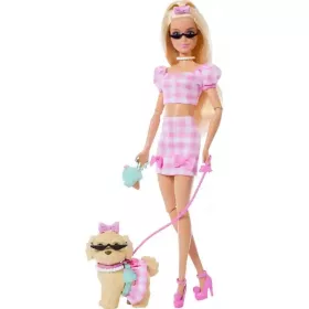 Mattel Barbie rózsaszín kockás ruhában kiskutyával