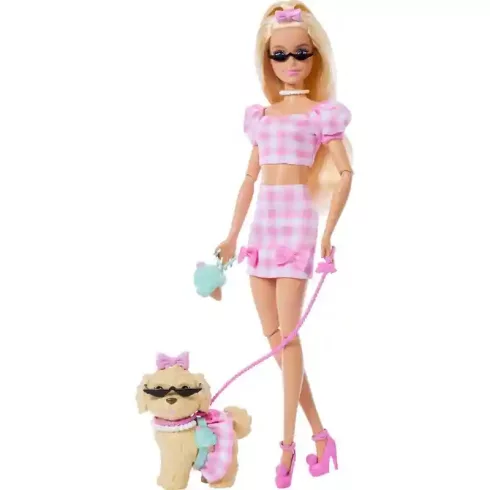 Mattel Barbie rózsaszín kockás ruhában kiskutyával