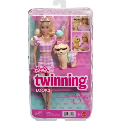 Mattel Barbie rózsaszín kockás ruhában kiskutyával