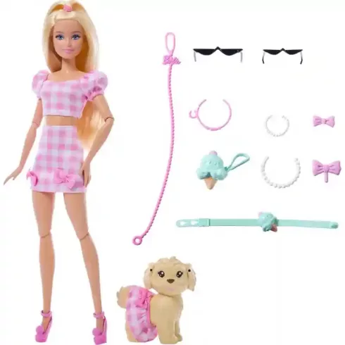 Mattel Barbie rózsaszín kockás ruhában kiskutyával
