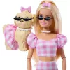 Mattel Barbie rózsaszín kockás ruhában kiskutyával
