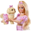 Mattel Barbie rózsaszín kockás ruhában kiskutyával
