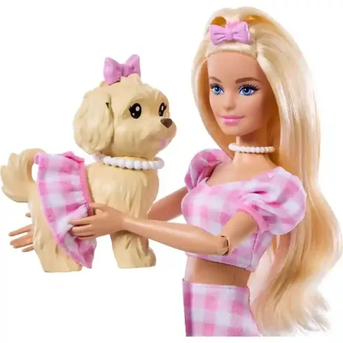 Mattel Barbie rózsaszín kockás ruhában kiskutyával