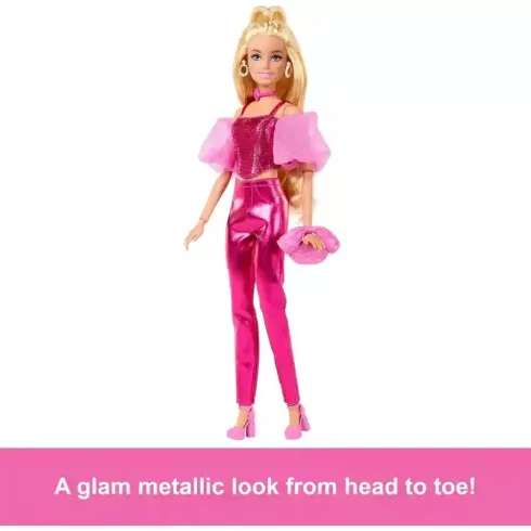 Mattel Barbie Deluxe Style baba pink fényes ruhában