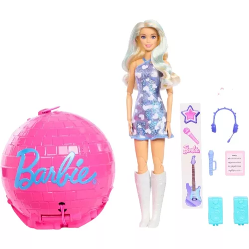 Mattel Barbie Team Roll & Reveal popsztár énekes baba diszkógömbben