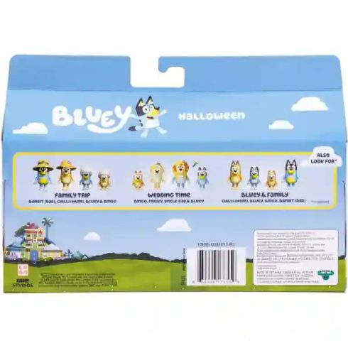 Bluey - Bluey, Bingo, Kloé és Mázli figurák halloween jelmezekben