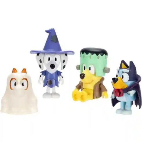 Bluey - Bluey, Bingo, Kloé és Mázli figurák halloween jelmezekben