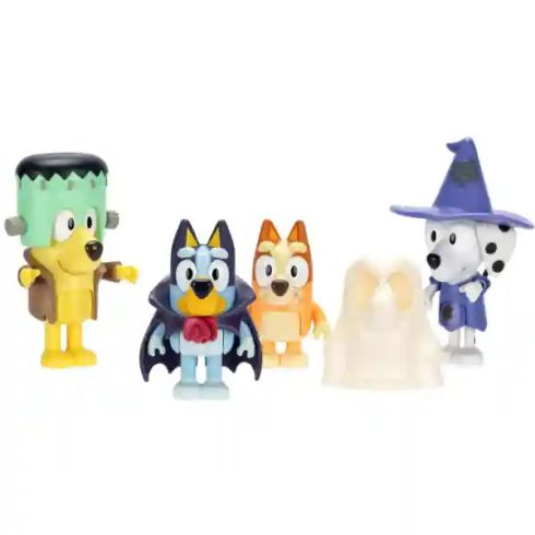 Bluey - Bluey, Bingo, Kloé és Mázli figurák halloween jelmezekben