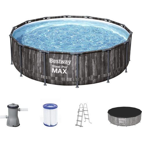 Bestway Naxos Steel Pro Max fémvázas fa hatású medence vízforgatóval, létrával és takaróval 427 x 107 cm