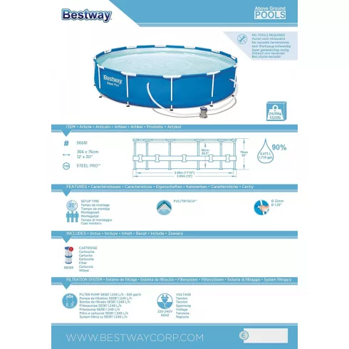 Bestway Bahama Steel Pro fémvázas medence vízforgatóval 366 x 76 cm