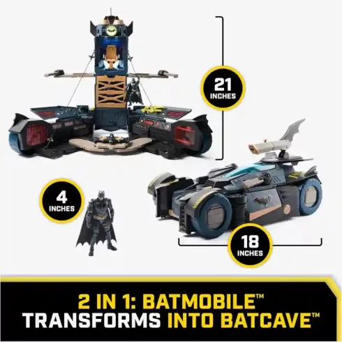 DC 2 az 1-ben interaktív átalakuló Batmobile autó vagy parancsnoki központ figurával 10cm