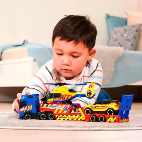 Dickie Toys - Mentőhelikopter és autó szállító interaktív kamion játékszett