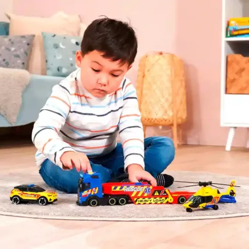 Dickie Toys - Mentőhelikopter és autó szállító interaktív kamion játékszett