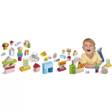  Eichhorn - 50db-os színes, mintás fa építőjáték formaválogatóval (100002226)