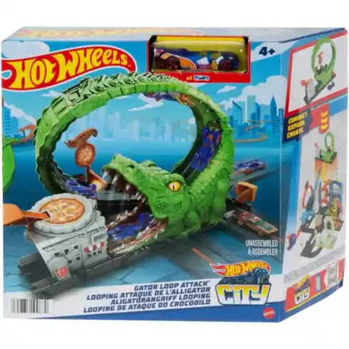 Mattel Hot Wheels aligátortámadás hurokpálya kisautóval, krokodil támadás, pizzéria