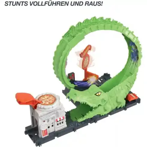 Mattel Hot Wheels aligátortámadás hurokpálya kisautóval, krokodil támadás, pizzéria