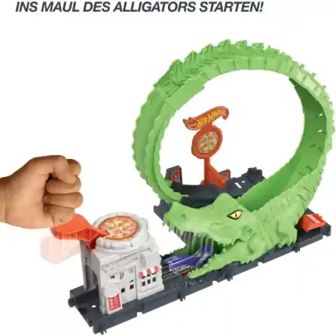 Mattel Hot Wheels aligátortámadás hurokpálya kisautóval, krokodil támadás, pizzéria