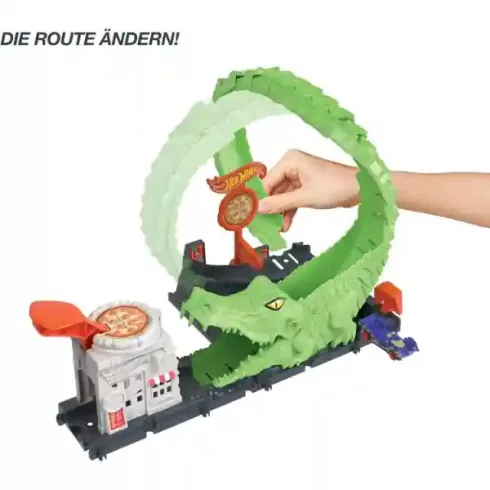 Mattel Hot Wheels aligátortámadás hurokpálya kisautóval, krokodil támadás, pizzéria