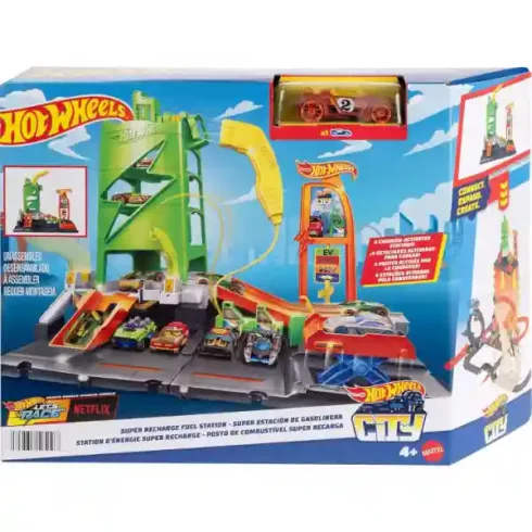Mattel Hot Wheels Supercharge töltőállomás kisautóval