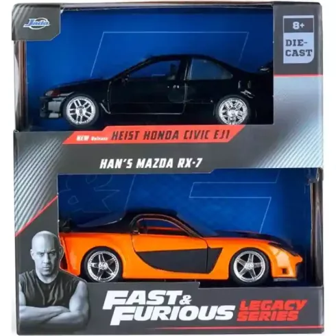 Jada Toys - Halálos iramban: Heist Honda Civic EJ1 és Han's Mazda RX-7 2db-os fém játékautó szett 13cm