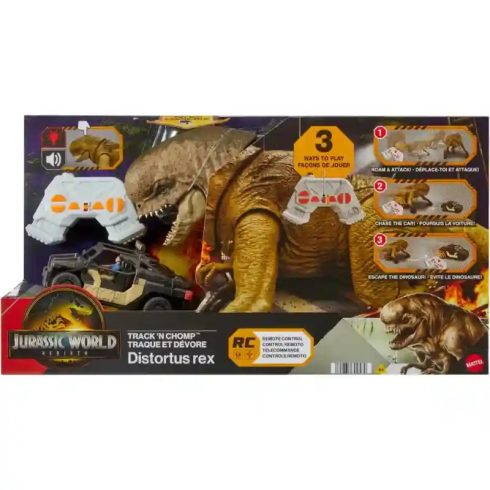 Mattel Jurassic World: Újjászületés RC távirányítós Distortus Rex dino figura és terepjáró, Rebirth