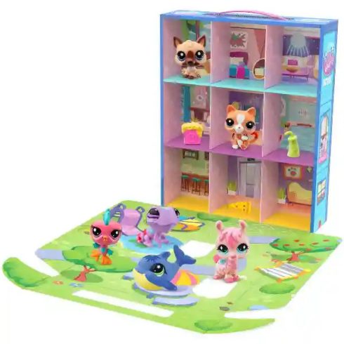 Littlest Pet Shop LPS - Littlest Pet Shop hordozható hotel figurákkal (kaméleon (#27), németjuhász kutya (#30), cica (#34), madár (#66), láma (#198) és delfin (#199))