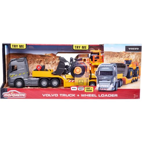 Majorette Volvo kamion fénnyel, hanggal és homlokrakodóval 35cm