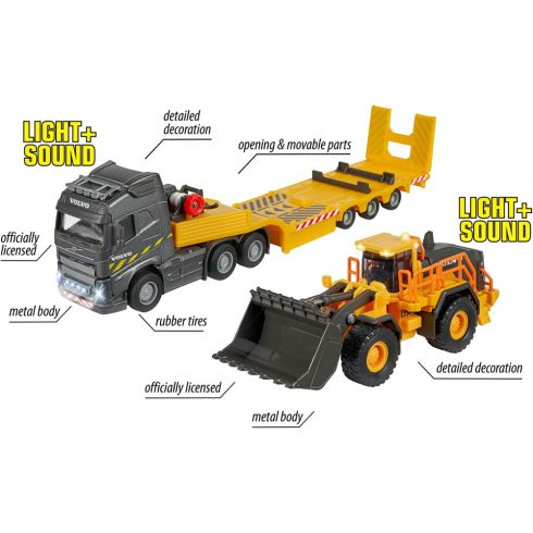 Majorette Volvo kamion fénnyel, hanggal és homlokrakodóval 35cm