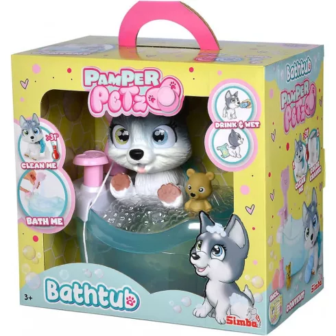 Simba Toys Pamper Petz - Pisilő husky kiskutya pelenkában fürdőkáddal