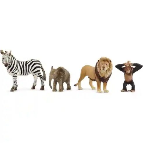 Schleich 42721 A vadon állatai válogatás (zebra, oroszlán, kiselefánt, csimpánzkölyök)