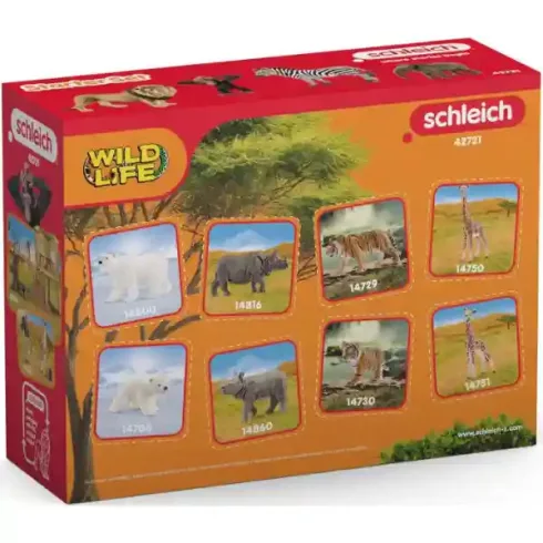 Schleich 42721 A vadon állatai válogatás (zebra, oroszlán, kiselefánt, csimpánzkölyök)