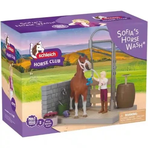 Schleich 42792 Sofia és Amerikai Saddlebred lova a lómosó helyen