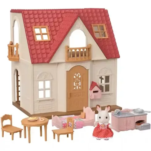 Epoch - Sylvanian Families 5567 Piros tetős babaház bútorokkal és csokoládényuszi figurával