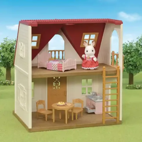 Epoch - Sylvanian Families 5567 Piros tetős babaház bútorokkal és csokoládényuszi figurával