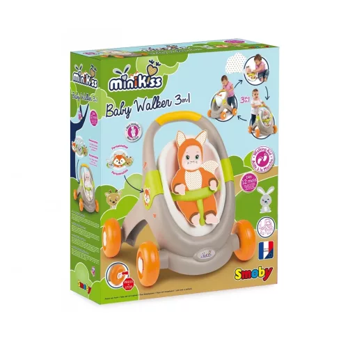 Smoby 210206 Minikiss 3 az 1-ben járássegítő, babakocsi és babaülőke állatos mintával