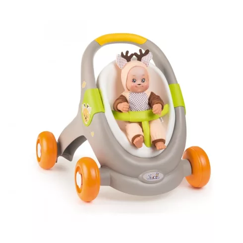 Smoby 210206 Minikiss 3 az 1-ben járássegítő, babakocsi és babaülőke állatos mintával