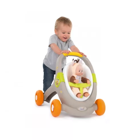 Smoby 210206 Minikiss 3 az 1-ben járássegítő, babakocsi és babaülőke állatos mintával