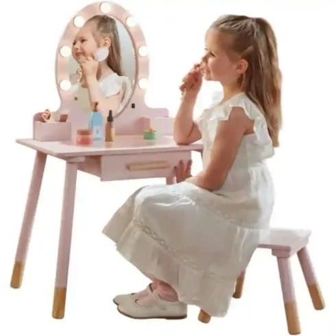 Ivy & Lily fa sminkasztal fénnyel és székkel