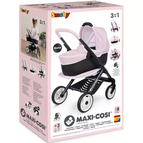 Smoby Maxi-Cosi 3 az 1-ben rózsaszín fémvázas babakocsi játékbabáknak