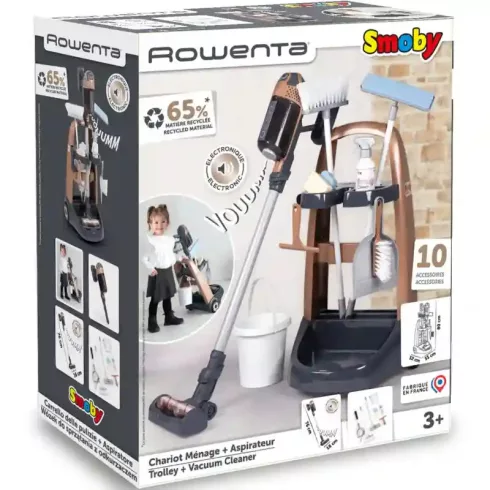Smoby Rowenta játék gurulós takarítókocsi elektronikus rúdporszívóval